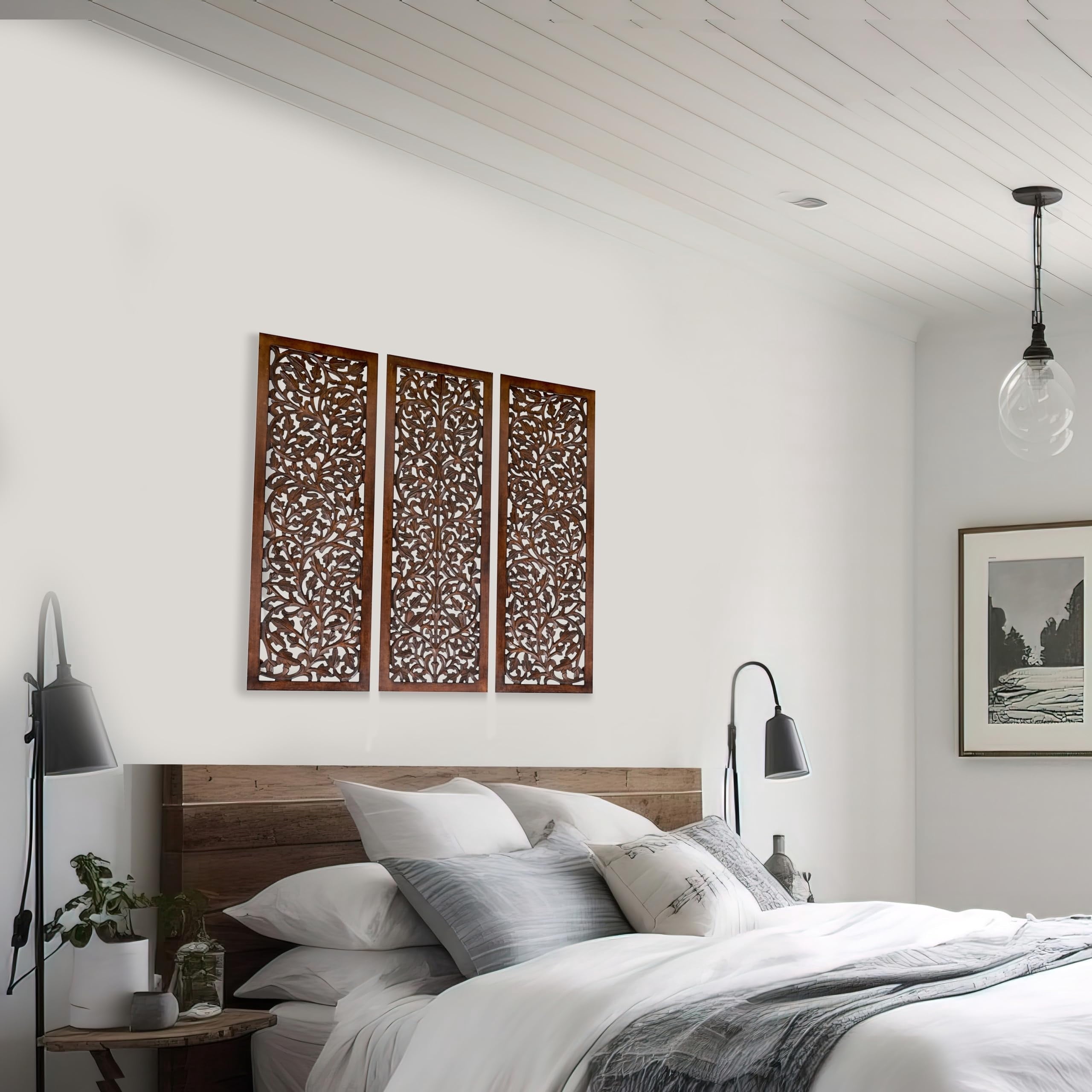 Hand-Carved Wooden Wall Panels Set of 3 – 36” x 12” Burnt Finish Wall Décor