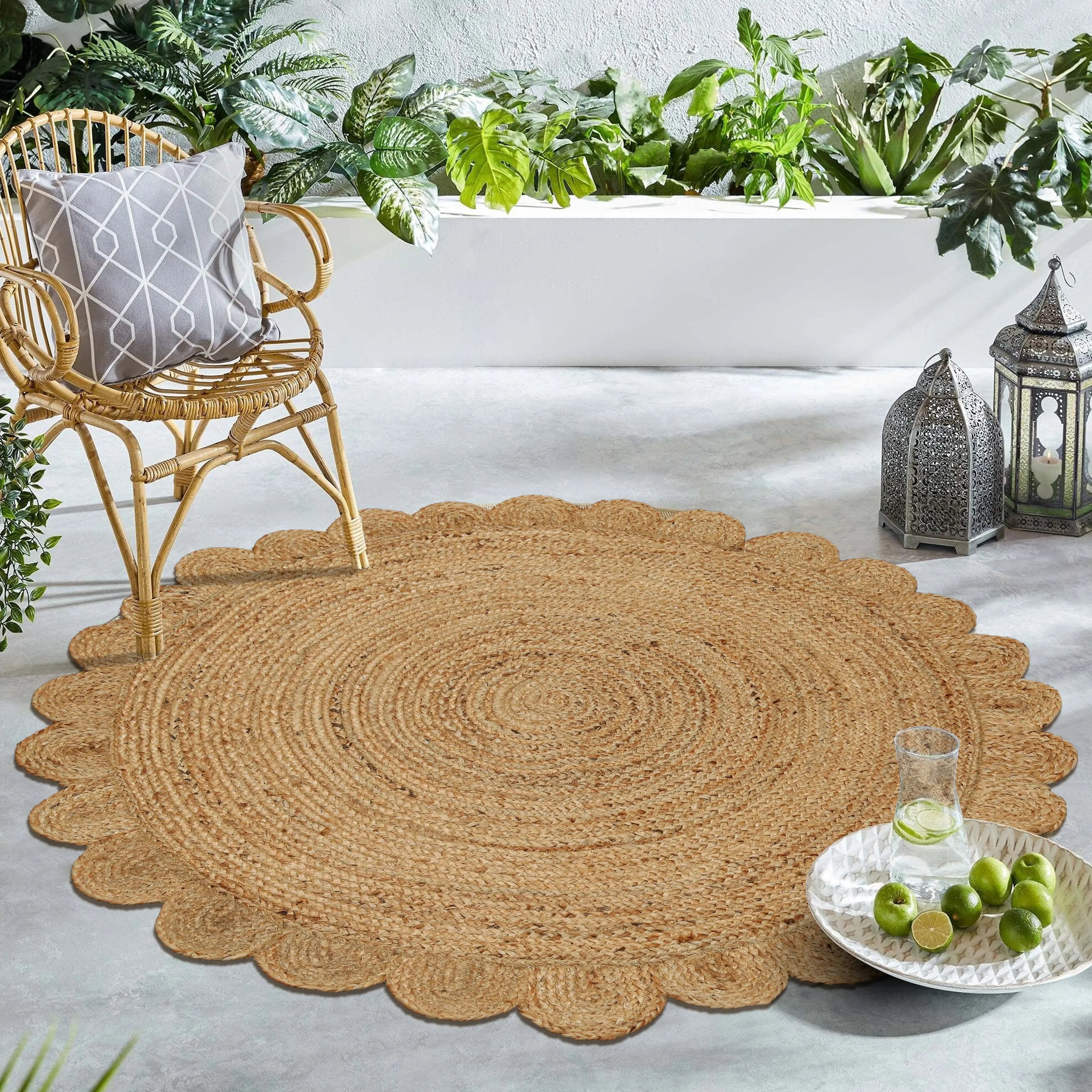 Hand Woven Jute Braided Rug, 4 Feet Round, Natural, Reversible Boho Entry Area Rug for Kitchen, Living Room, Farmhouse Indoor Outdoor Decorative Floor Rug