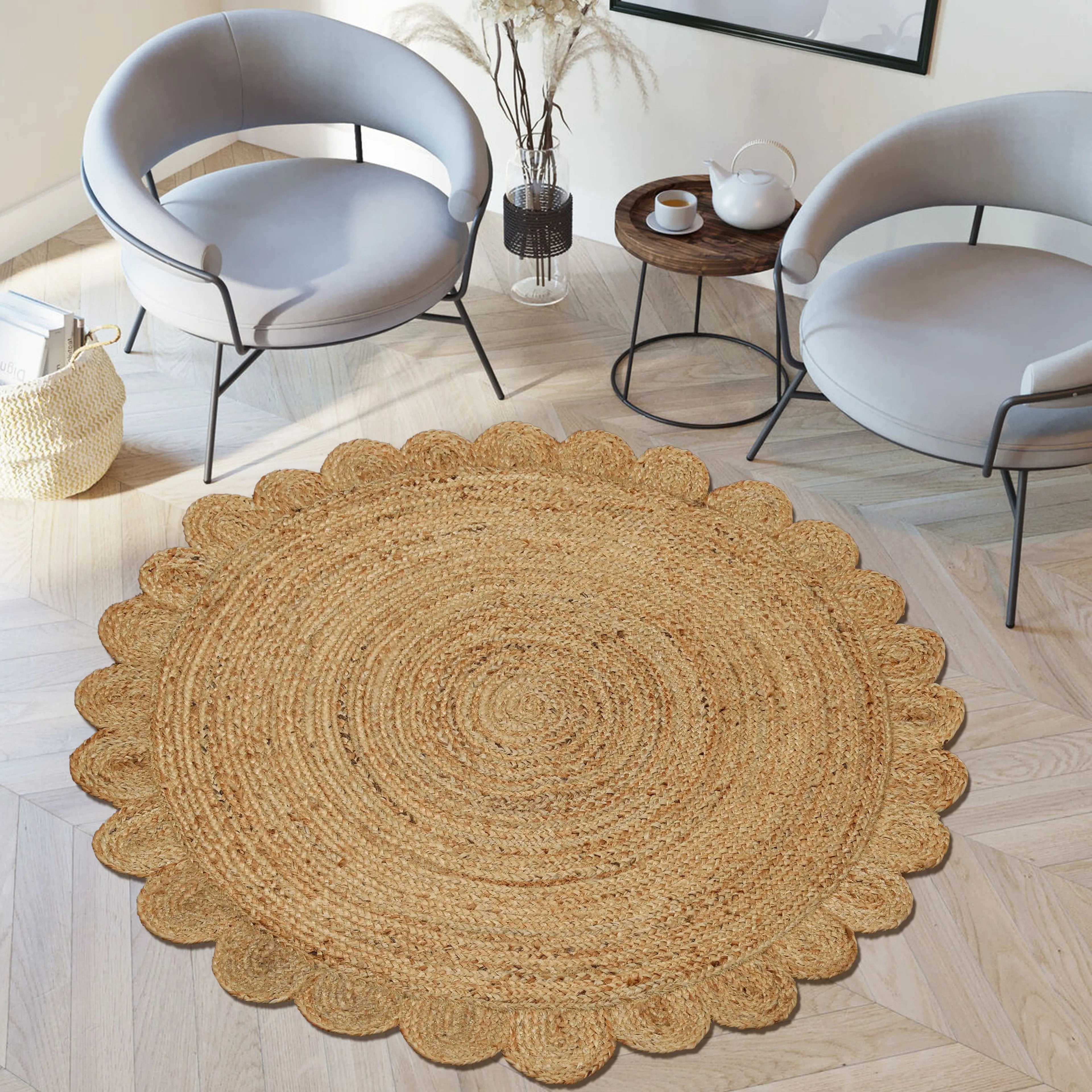 Hand Woven Jute Braided Rug, 4 Feet Round, Natural, Reversible Boho Entry Area Rug for Kitchen, Living Room, Farmhouse Indoor Outdoor Decorative Floor Rug