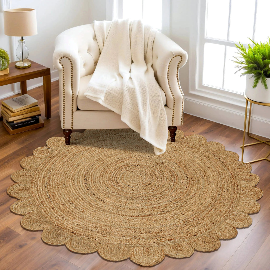 Hand Woven Jute Braided Rug, 4 Feet Round, Natural, Reversible Boho Entry Area Rug for Kitchen, Living Room, Farmhouse Indoor Outdoor Decorative Floor Rug