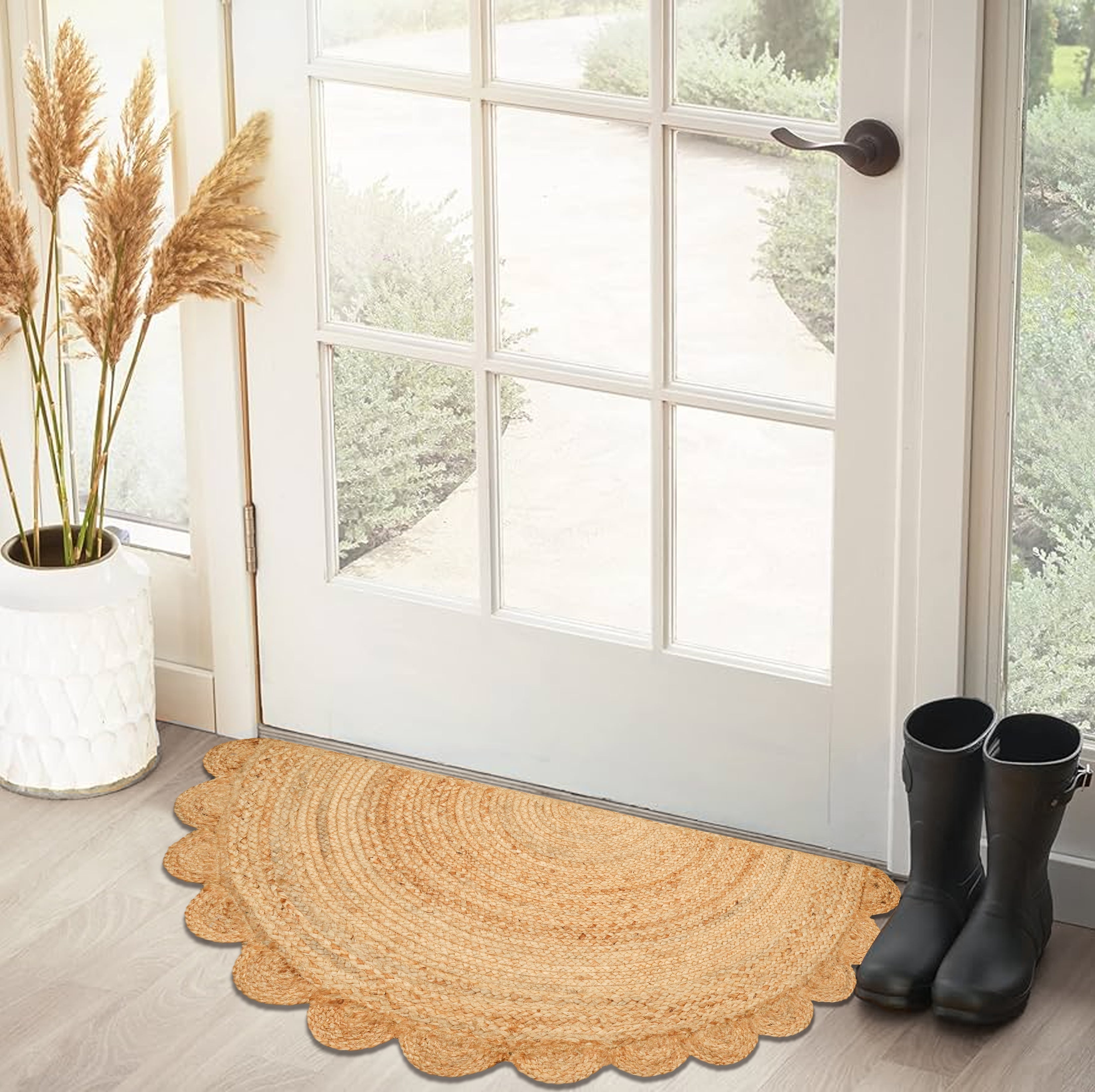Hand Woven Jute Braided Rug, 22X36 Inches, Natural, Reversible Boho Entry Area Rug for Kitchen, Living Room, Farmhouse Indoor Outdoor Decorative Floor Rug