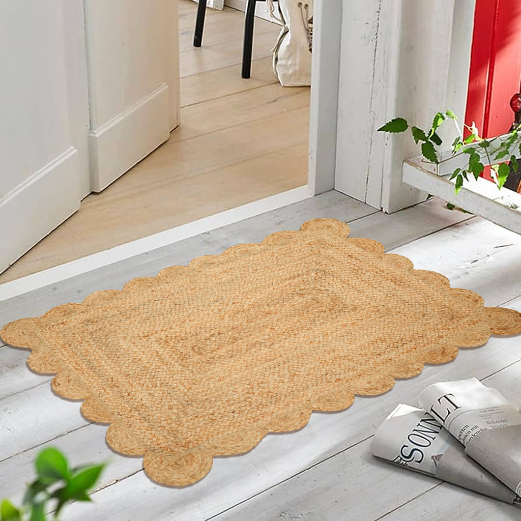 Hand Woven Jute Braided Rug, 2X3 Feet, Natural, Reversible Boho Entry Area Rug for Kitchen, Living Room, Farmhouse Indoor Outdoor Decorative Floor Rug