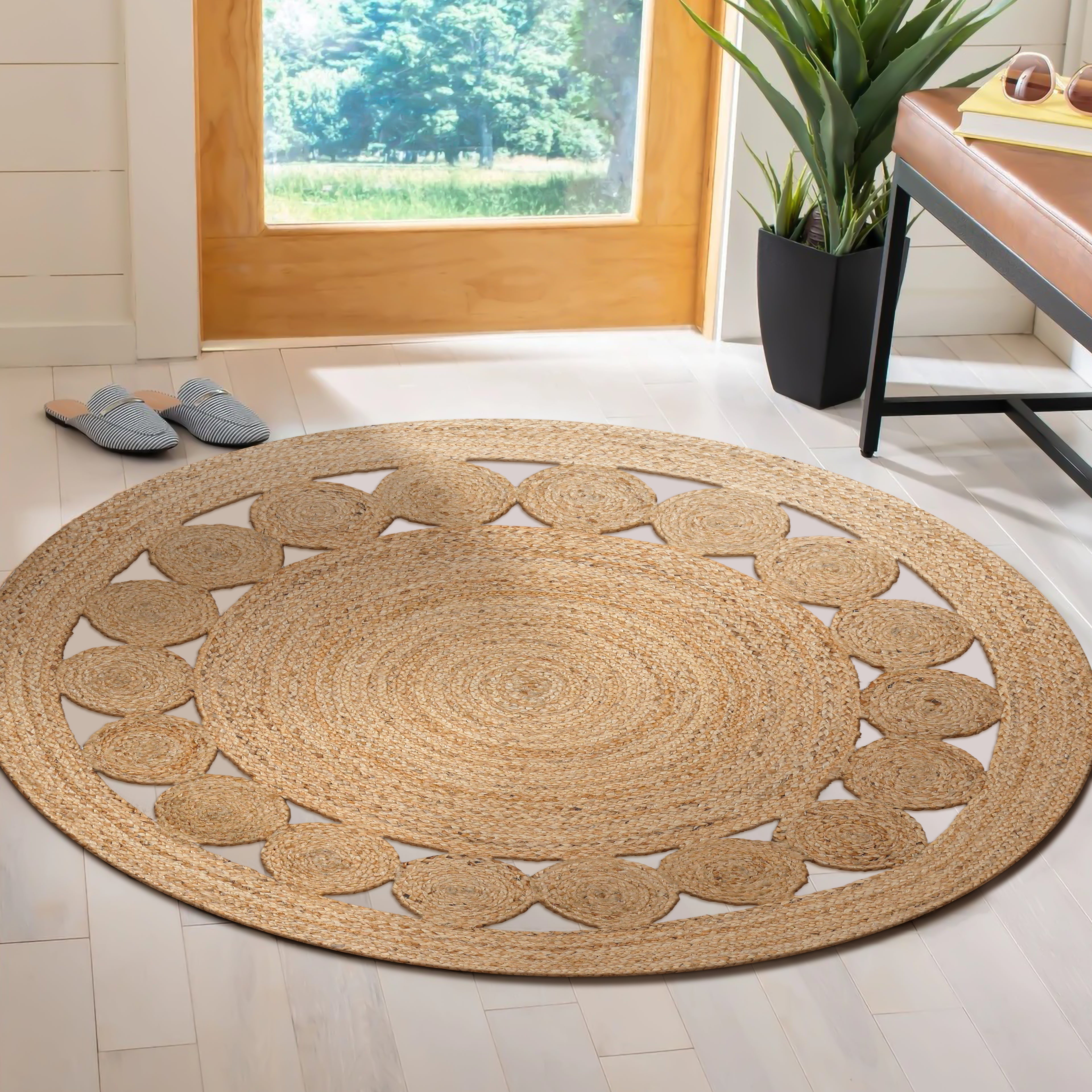 Jute Area Rug Handwoven, 3 Feet Round, Natural, Rustic Vintage Braided Reversible Jute Rug, Eco Friendly Rug for Farmhouse, Bedroom, Kitchen, Living Room