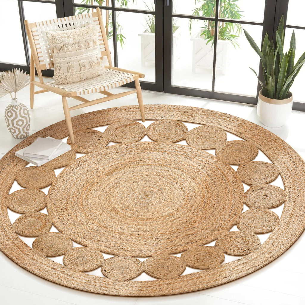 Jute Area Rug Handwoven, 3 Feet Round, Natural, Rustic Vintage Braided Reversible Jute Rug, Eco Friendly Rug for Farmhouse, Bedroom, Kitchen, Living Room