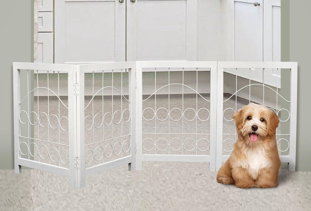 The Wooden Town Foldable Indoor Dog Gate, 4-Panel Freestanding Pet Gate with Decorative Circle Design, Portable Safety Barrier, 72" W x 18" H