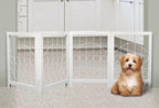 The Wooden Town Foldable Indoor Dog Gate, 4-Panel Freestanding Pet Gate with Decorative Circle Design, Portable Safety Barrier, 72" W x 18" H
