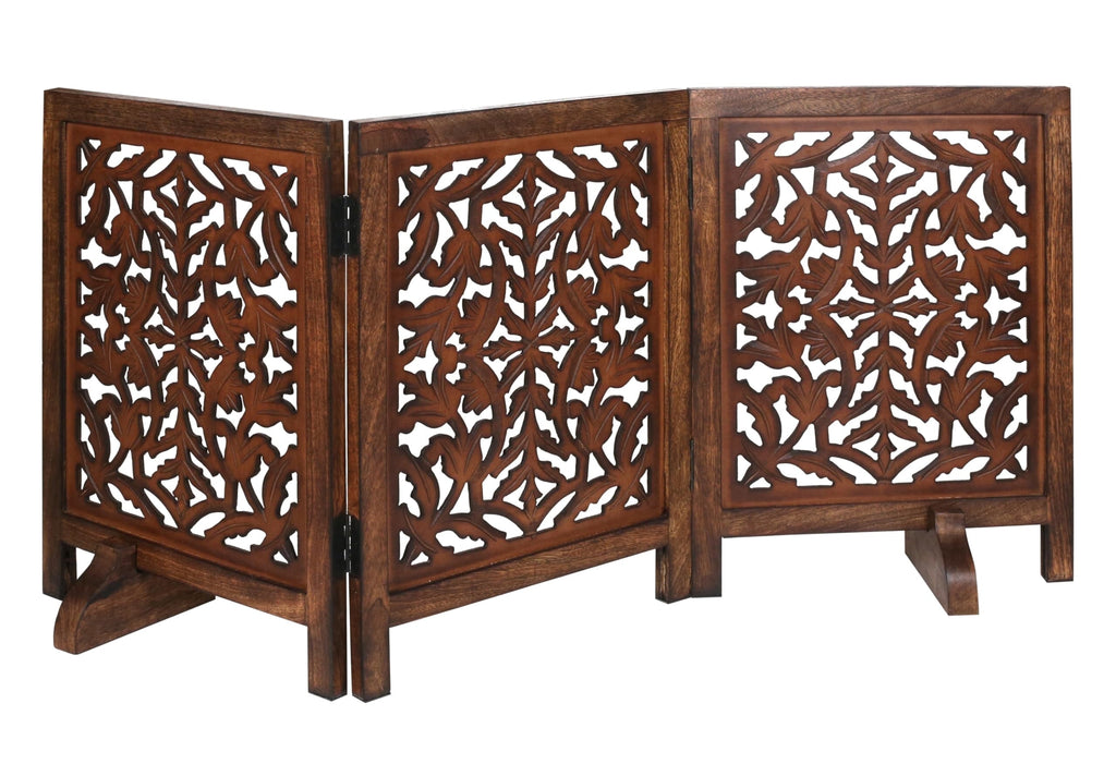 The Wooden Town Freestanding Dog Gate, Foldable 3-Panel Wooden Pet Gate, Hand-Carved Solid Wood & MDF, Burnt Finish, 54" W x 24" H
