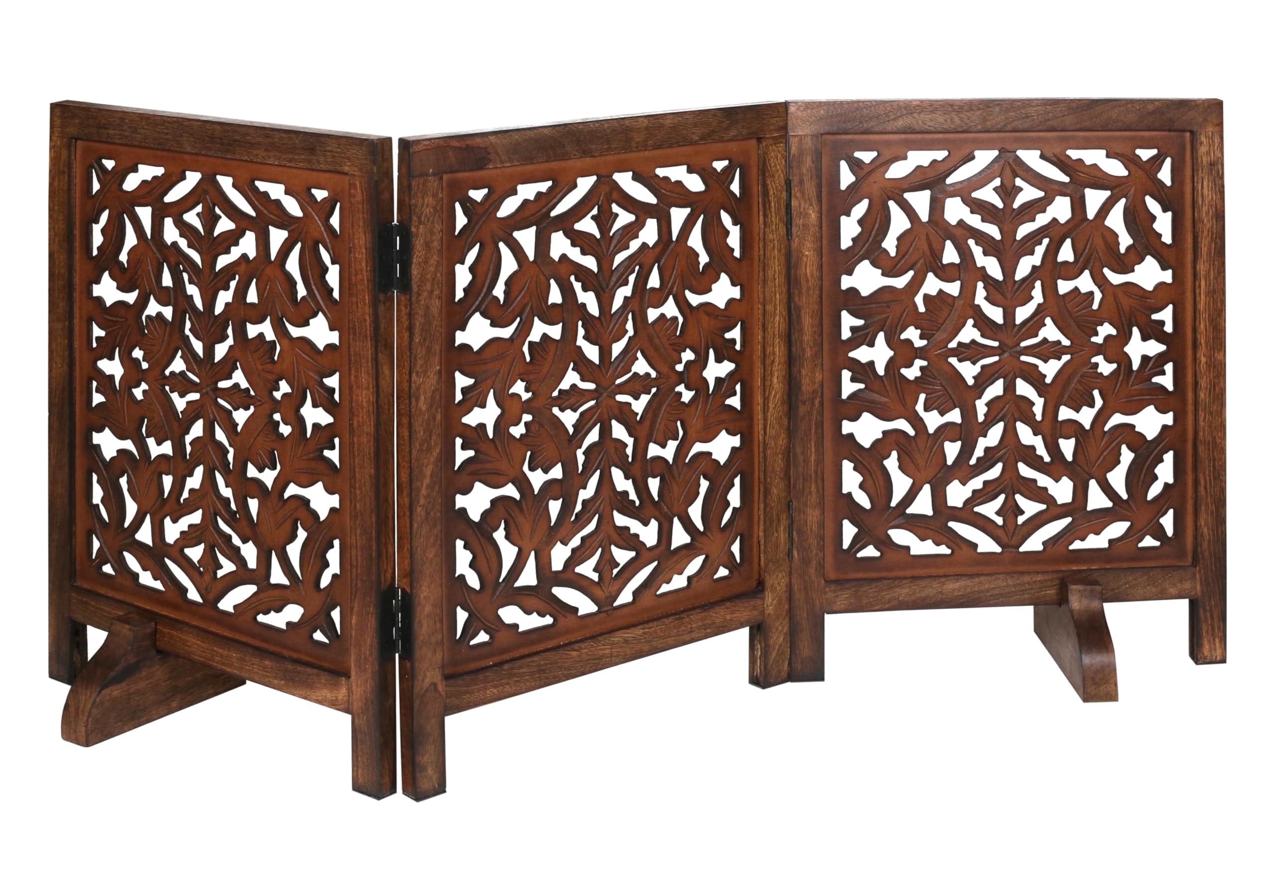 The Wooden Town Freestanding Dog Gate, Foldable 3-Panel Wooden Pet Gate, Hand-Carved Solid Wood & MDF, Burnt Finish, 54" W x 24" H