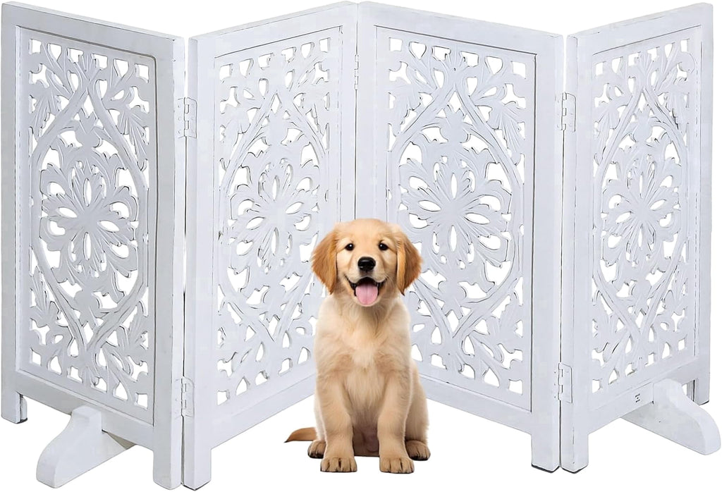 The Wooden Town Foldable Free-Standing Pet Gate, 4-Panel Wooden Dog Barrier, Hand-Carved Solid Wood & MDF, White Finish, 56" W x 28" H