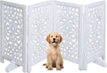 The Wooden Town Foldable Free-Standing Pet Gate, 4-Panel Wooden Dog Barrier, Hand-Carved Solid Wood & MDF, White Finish, 56" W x 28" H