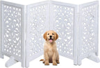 The Wooden Town Foldable Free-Standing Pet Gate, 4-Panel Wooden Dog Barrier, Hand-Carved Solid Wood & MDF, White Finish, 56" W x 28" H