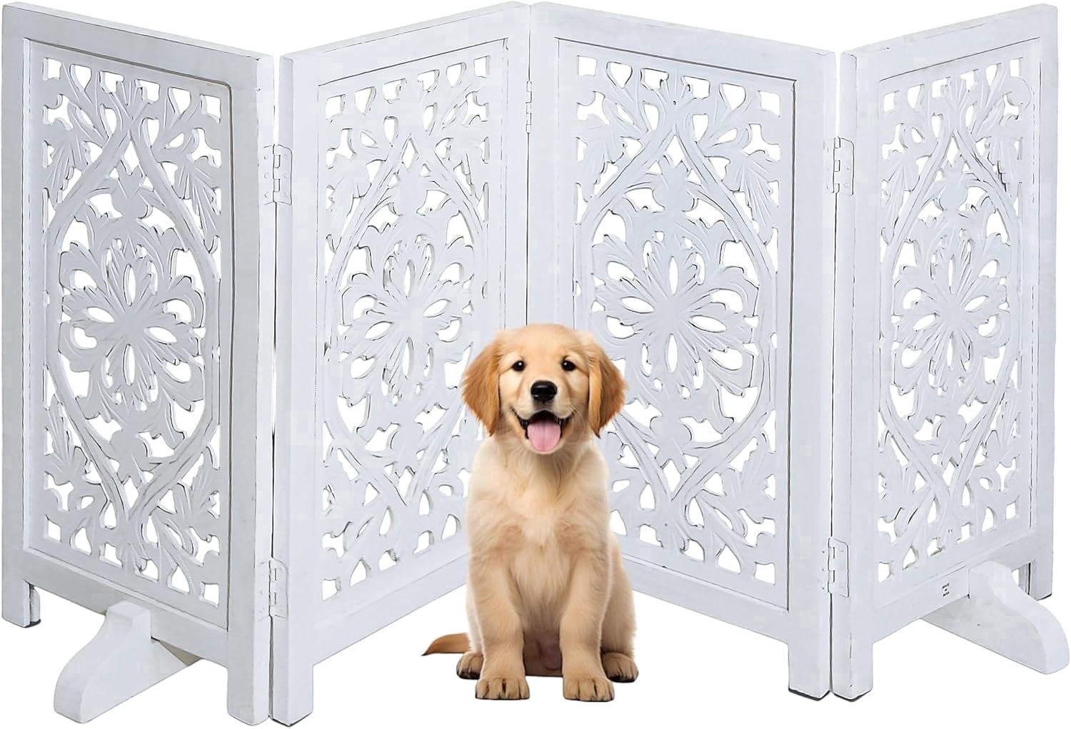 The Wooden Town Foldable Free-Standing Pet Gate, 4-Panel Wooden Dog Barrier, Hand-Carved Solid Wood & MDF, White Finish, 56" W x 28" H