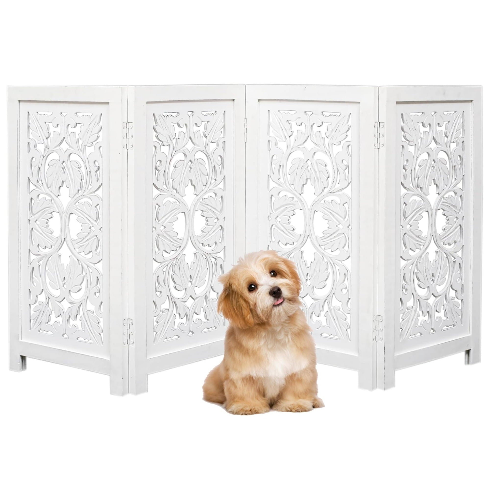 Wooden Town 4-Panel Foldable Dog Gate – 56" W x 28" H