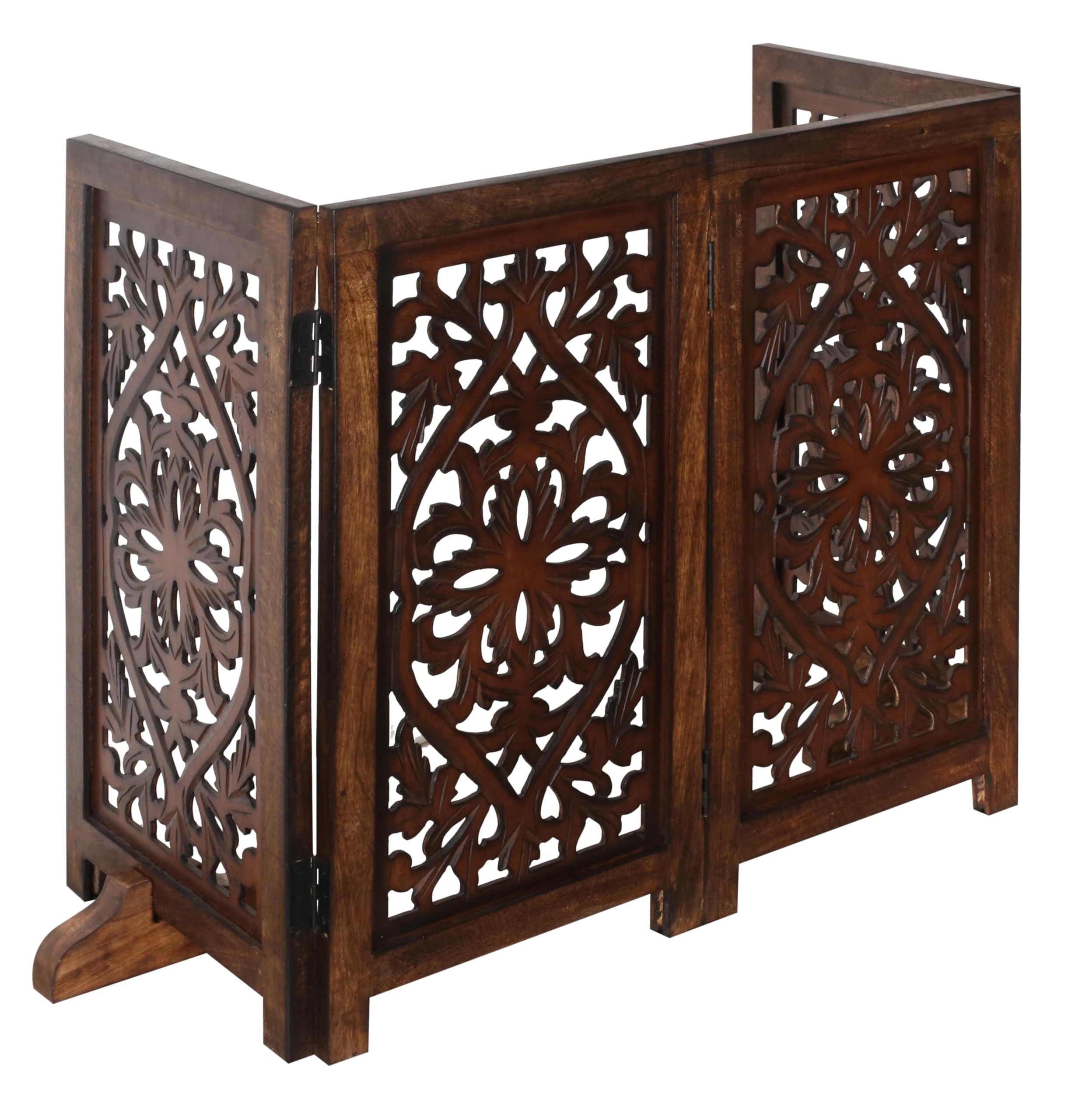 The Wooden Town Freestanding Dog Gate, Foldable 4-Panel Indoor Pet Gate, Hand-Carved Solid Wood & MDF, Burnt Finish, 56" W x 28" H