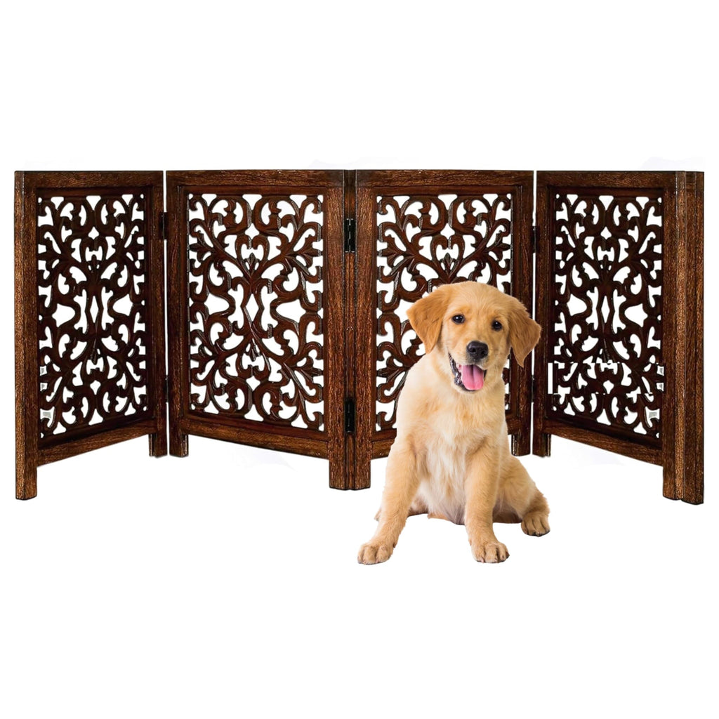 The Wooden Town Freestanding Dog Gate, Foldable 4-Panel Wooden Pet Gate for Indoor Use, Hand-Carved Solid Wood & MDF, Antique Brown, 72" W x 24" H