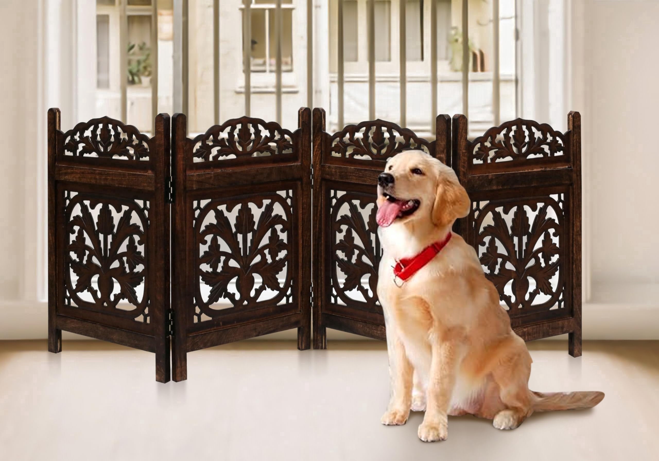 The Wooden Town Freestanding Dog Gate, Foldable 4-Panel Wooden Pet Gate for Doorways, Hallways & Stairs, Burnt Finish, 72" W x 24" H