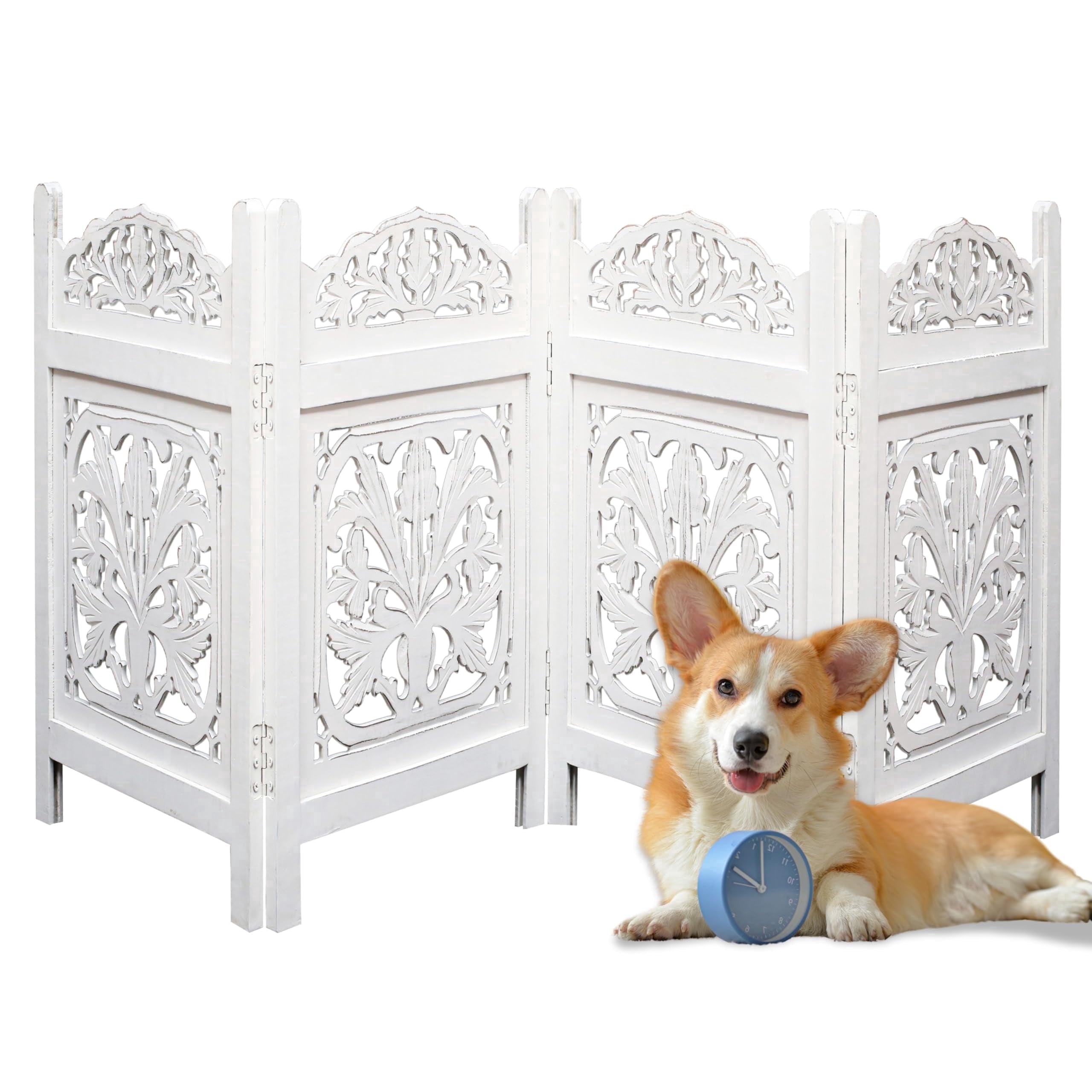The Wooden Town Freestanding Dog Gate, Foldable 4-Panel Wooden Pet Gate for Doorways, Hallways & Stairs, White Finish, 72" W x 24" H