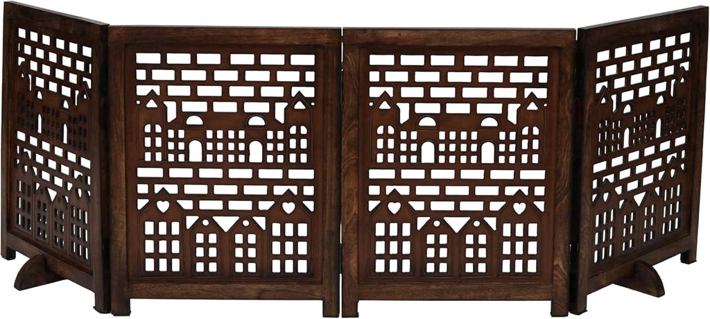 The Wooden Town Freestanding Pet Gate for Dogs, Foldable 4-Panel Wooden Dog Gate for Indoor Use, Burnt Finish, 72" W x 18" H