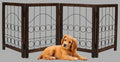 The Wooden Town Foldable Indoor Dog Gate, 4-Panel Freestanding Pet Gate with Circular Design, Burnt Finish, 72" W x 18" H