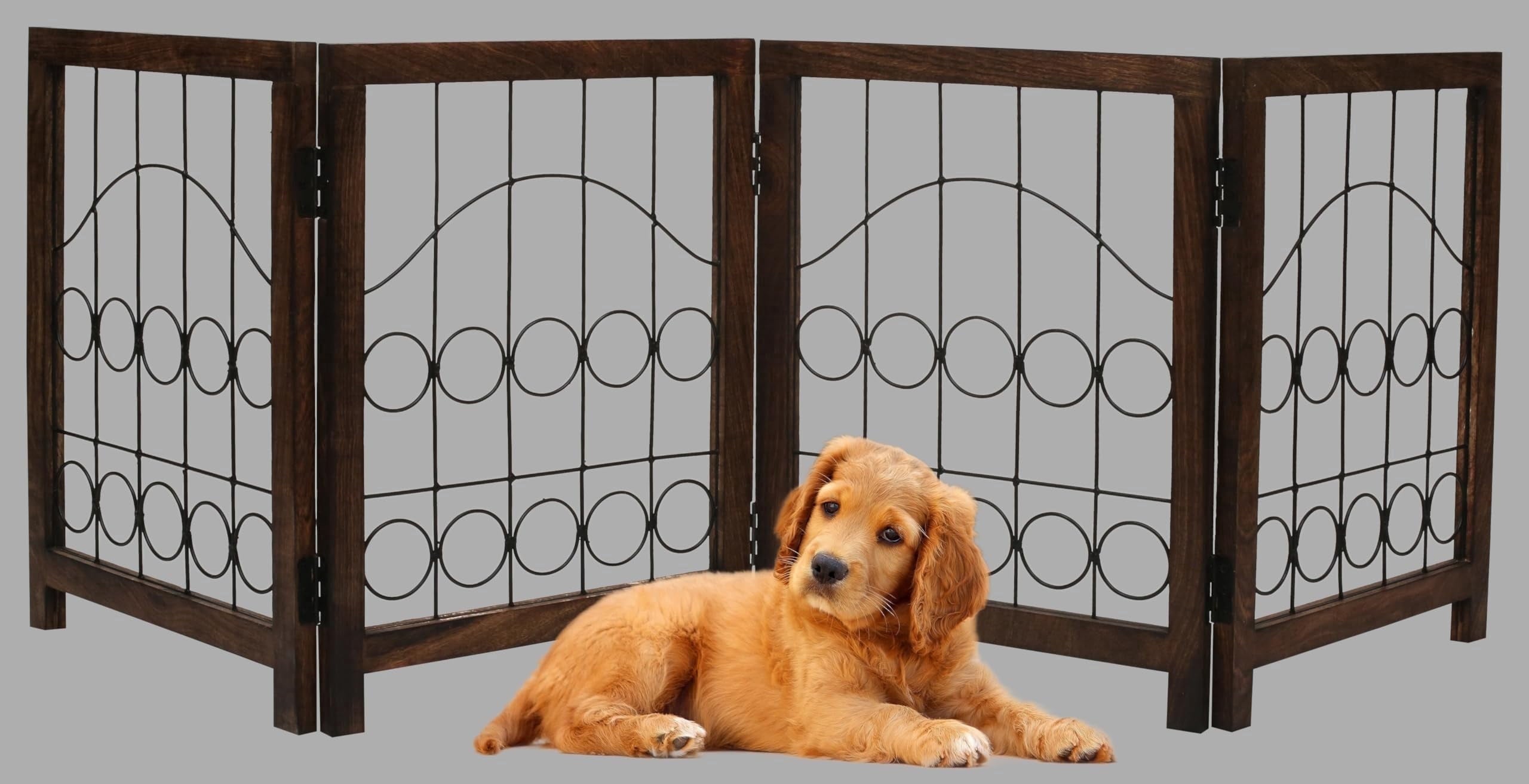 The Wooden Town Foldable Indoor Dog Gate, 4-Panel Freestanding Pet Gate with Circular Design, Burnt Finish, 72" W x 18" H