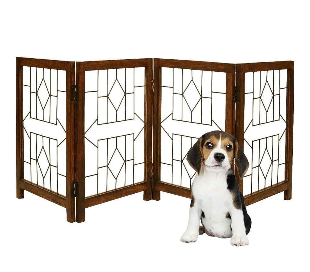 The Wooden Town Foldable Indoor Dog Gate, 4-Panel Freestanding Pet Gate with Arrow Pattern, Burnt Finish, 72" W x 18" H