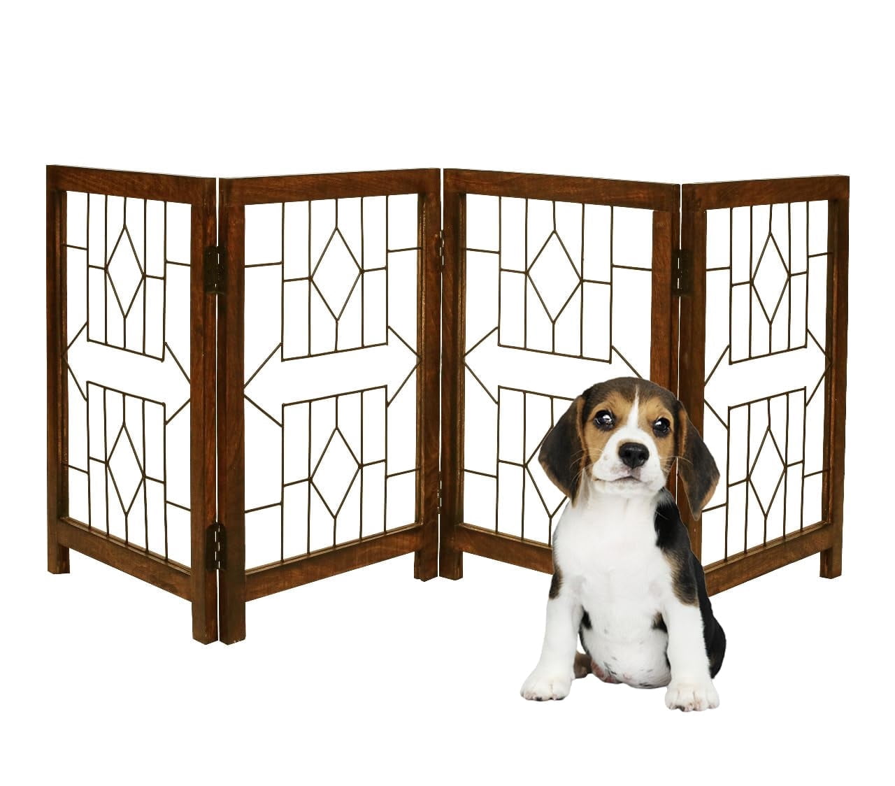 The Wooden Town Foldable Indoor Dog Gate, 4-Panel Freestanding Pet Gate with Arrow Pattern, Burnt Finish, 72" W x 18" H
