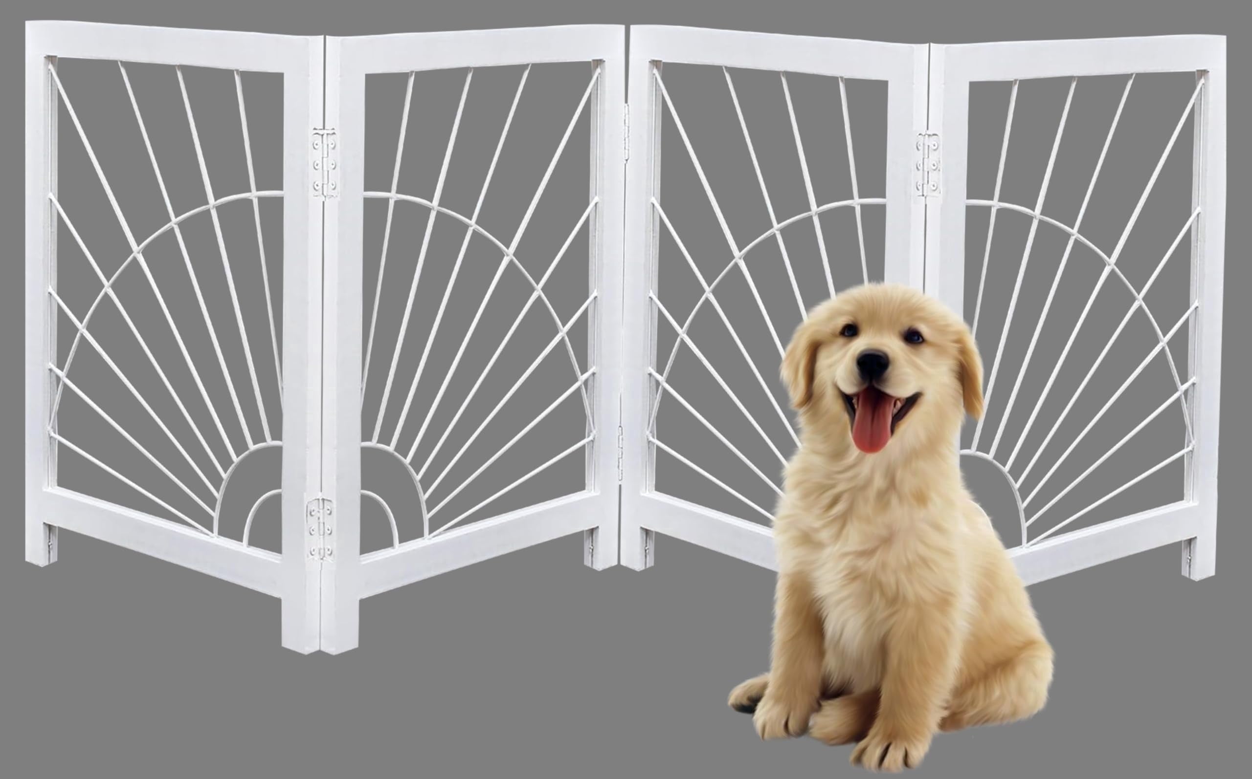 The Wooden Town Foldable Indoor Dog Gate, 4-Panel Freestanding Pet Gate with Sunshine Pattern, White Finish, 72" W x 18" H
