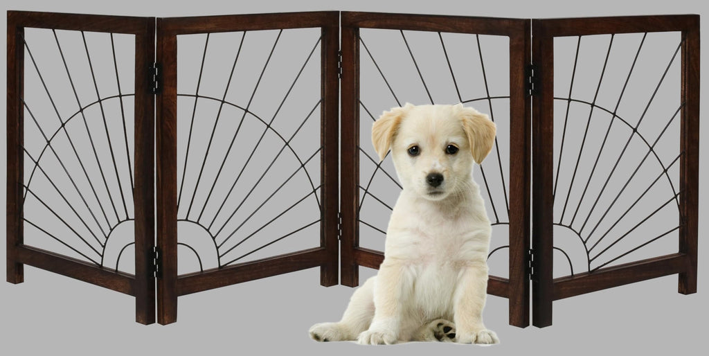 The Wooden Town Foldable Indoor Dog Gate, 4-Panel Freestanding Pet Gate with Sunshine Pattern, Burnt Finish, 72" W x 18" H