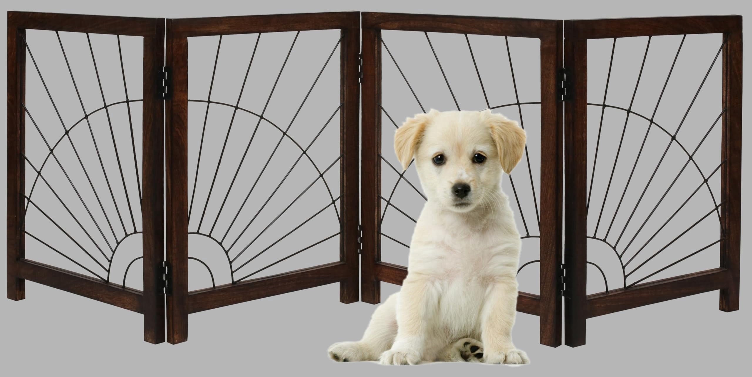 The Wooden Town Foldable Indoor Dog Gate, 4-Panel Freestanding Pet Gate with Sunshine Pattern, Burnt Finish, 72" W x 18" H