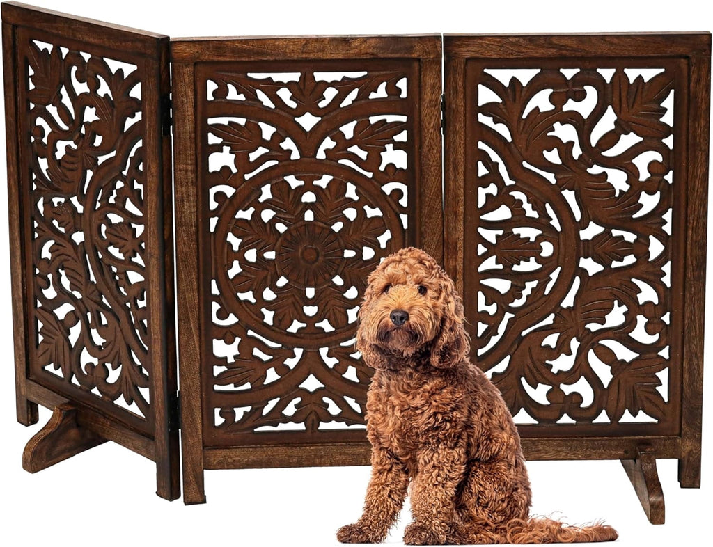 The Wooden Town Foldable 3-Panel Wooden Dog Gate with Circle Design, Freestanding Indoor Pet Barrier for Doorways & Stairs, Burnt Finish, 48" Wide