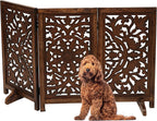 The Wooden Town Foldable 3-Panel Wooden Dog Gate with Circle Design, Freestanding Indoor Pet Barrier for Doorways & Stairs, Burnt Finish, 48" Wide