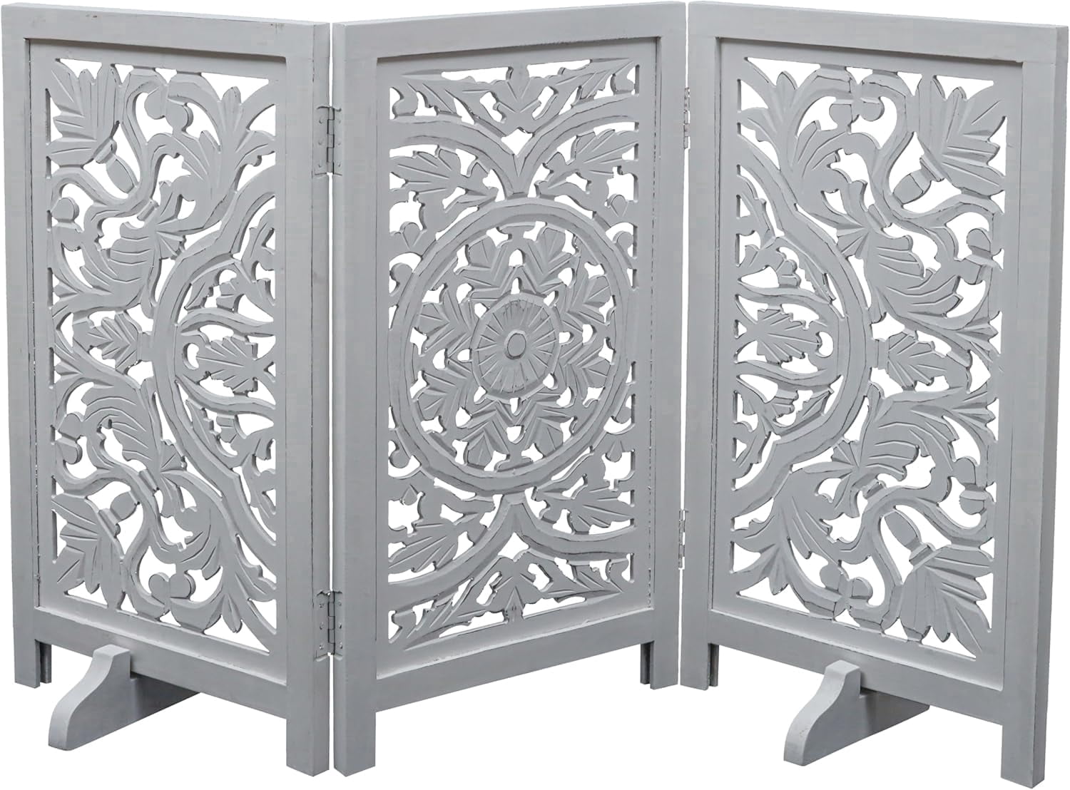 The Wooden Town Foldable 3-Panel Wooden Dog Gate with Circle Design, Freestanding Indoor Pet Barrier for Doorways & Stairs, White Antique, 48" Wide