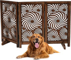 The Wooden Town Foldable 3-Panel Wooden Dog Gate with Sunflower Design, Freestanding Indoor Pet Barrier, Burnt Finish, 48" Wide