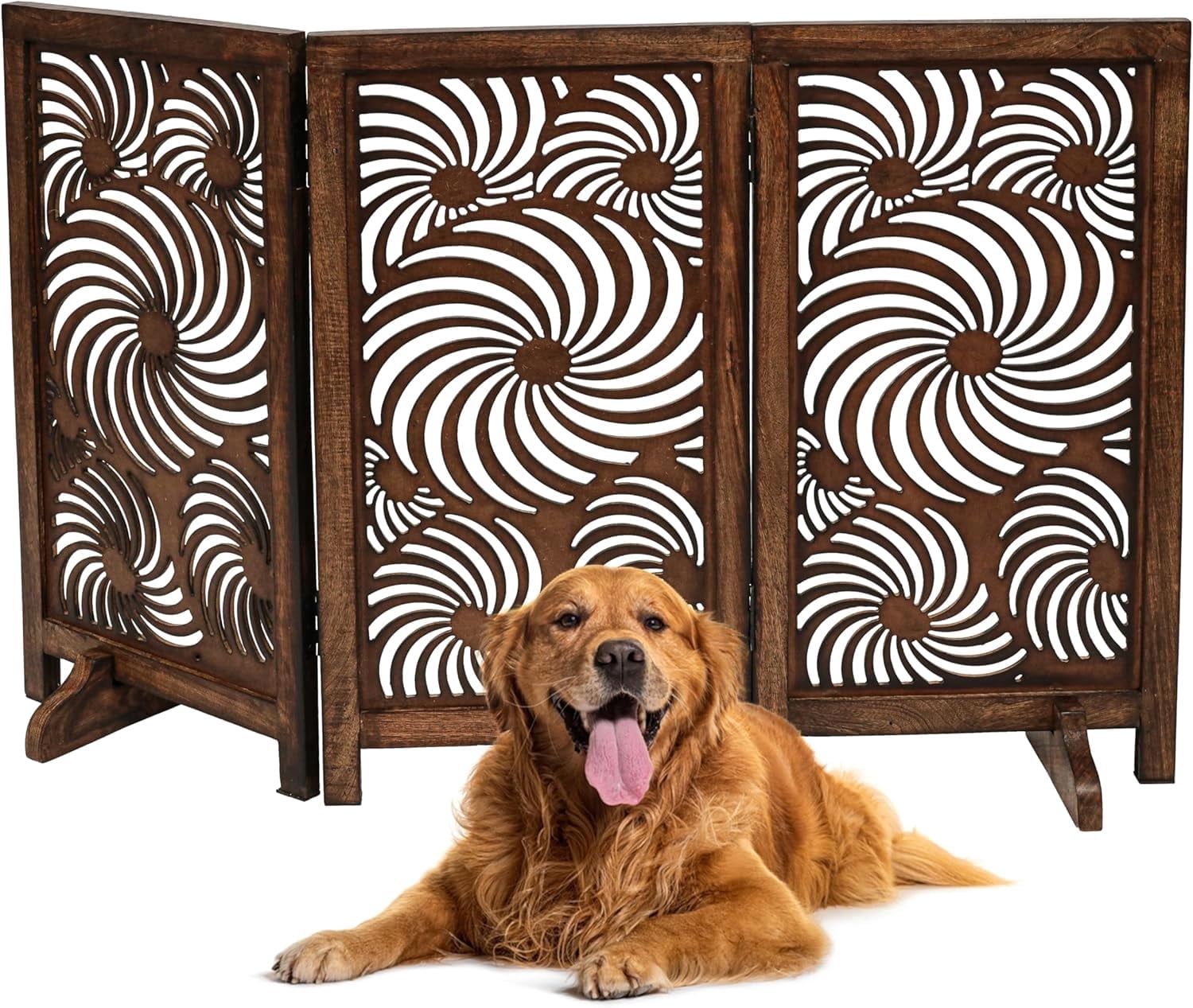 The Wooden Town Foldable 3-Panel Wooden Dog Gate with Sunflower Design, Freestanding Indoor Pet Barrier, Burnt Finish, 48" Wide