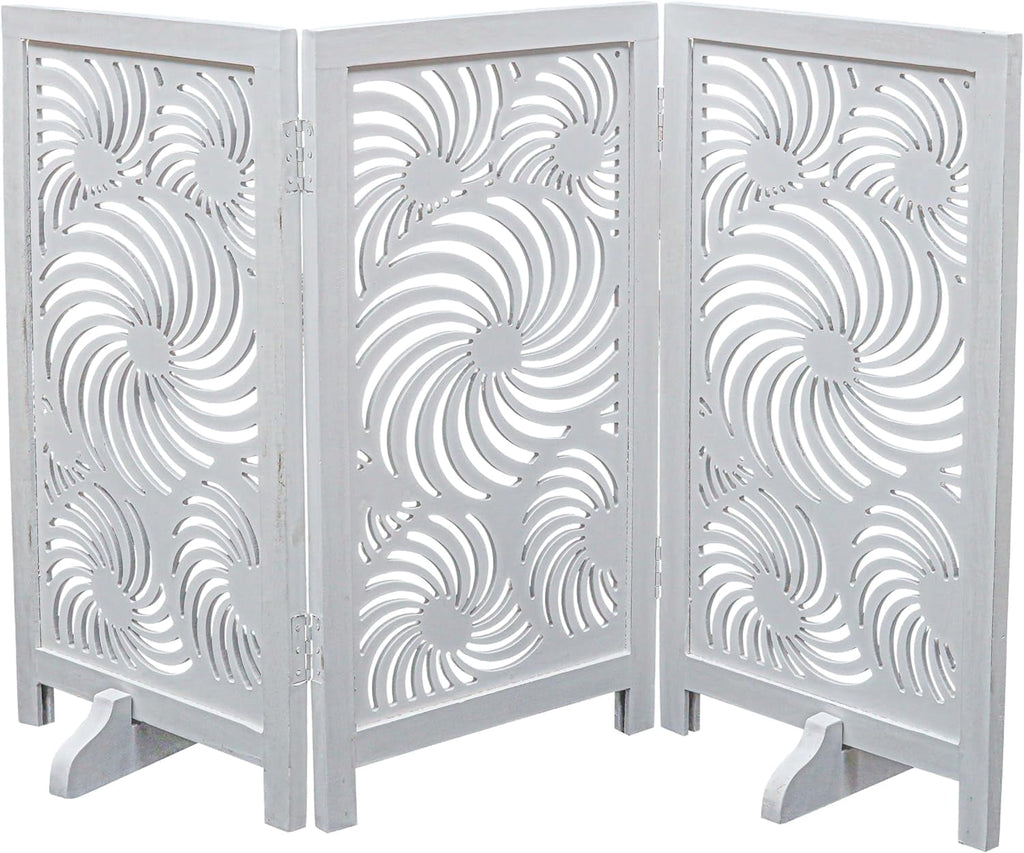 The Wooden Town Foldable 3-Panel Wooden Dog Gate with Sunflower Design, Freestanding Indoor Pet Barrier, White Antique, 48" Wide
