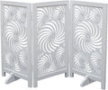 The Wooden Town Foldable 3-Panel Wooden Dog Gate with Sunflower Design, Freestanding Indoor Pet Barrier, White Antique, 48" Wide