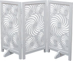 The Wooden Town Foldable 3-Panel Wooden Dog Gate with Sunflower Design, Freestanding Indoor Pet Barrier, White Antique, 48" Wide