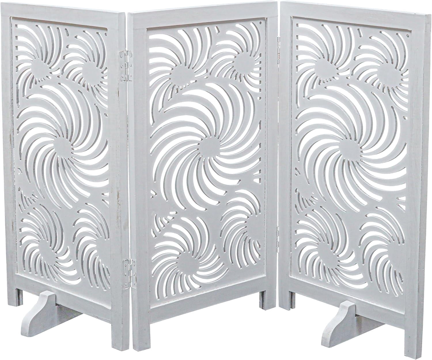 The Wooden Town Foldable 3-Panel Wooden Dog Gate with Sunflower Design, Freestanding Indoor Pet Barrier, White Antique, 48" Wide