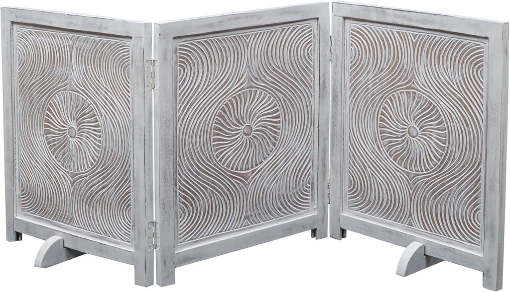 The Wooden Town Freestanding Wooden Dog Gate, Foldable 3-Panel Indoor Pet Gate for Stairs & Doorways, White Antique, 54" Wide