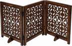 The Wooden Town Foldable 3-Panel Wooden Dog Gate with Flower Design, Freestanding Indoor Pet Barrier, Burnt Finish, 54" Wide