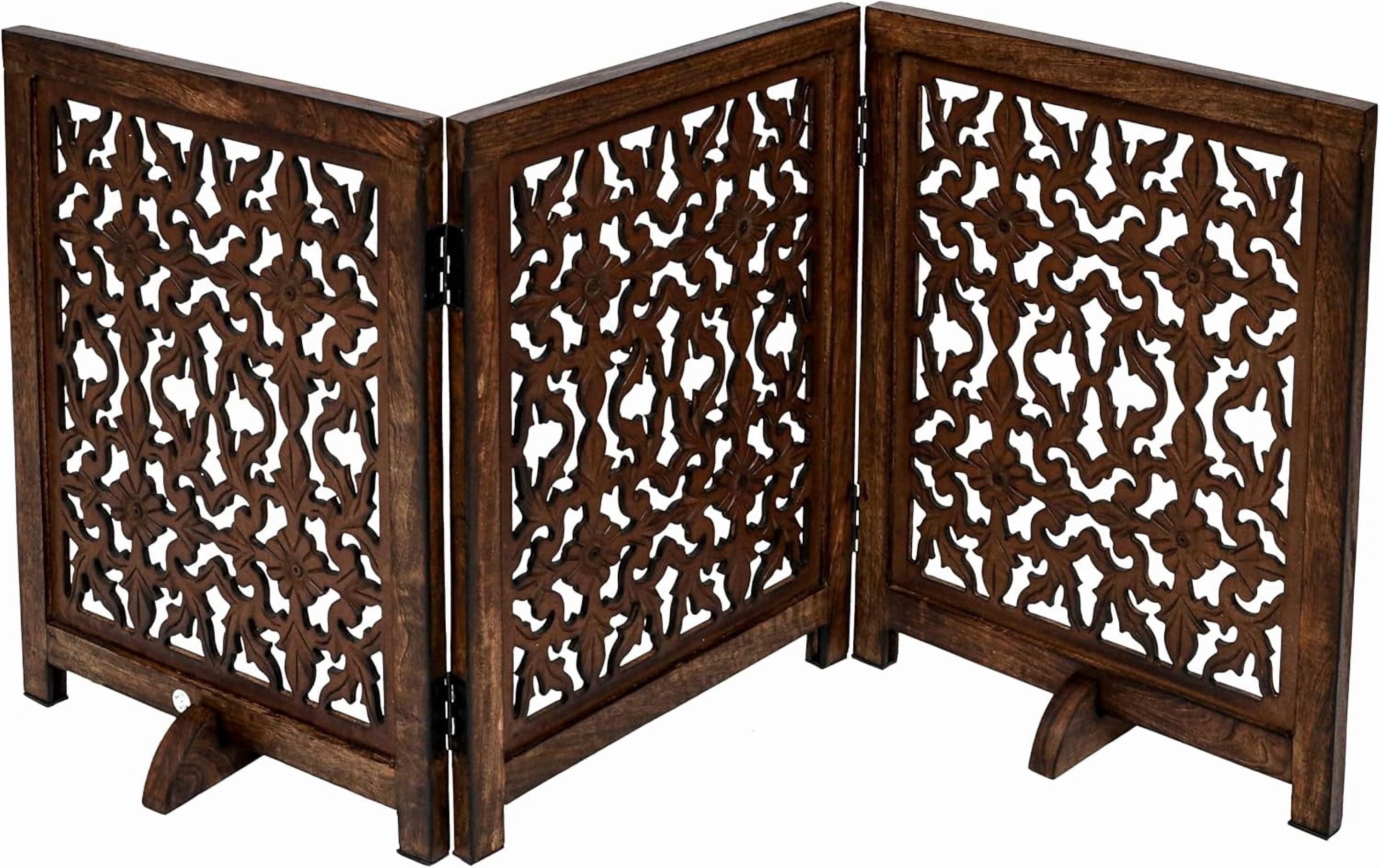 The Wooden Town Foldable 3-Panel Wooden Dog Gate with Flower Design, Freestanding Indoor Pet Barrier, Burnt Finish, 54" Wide