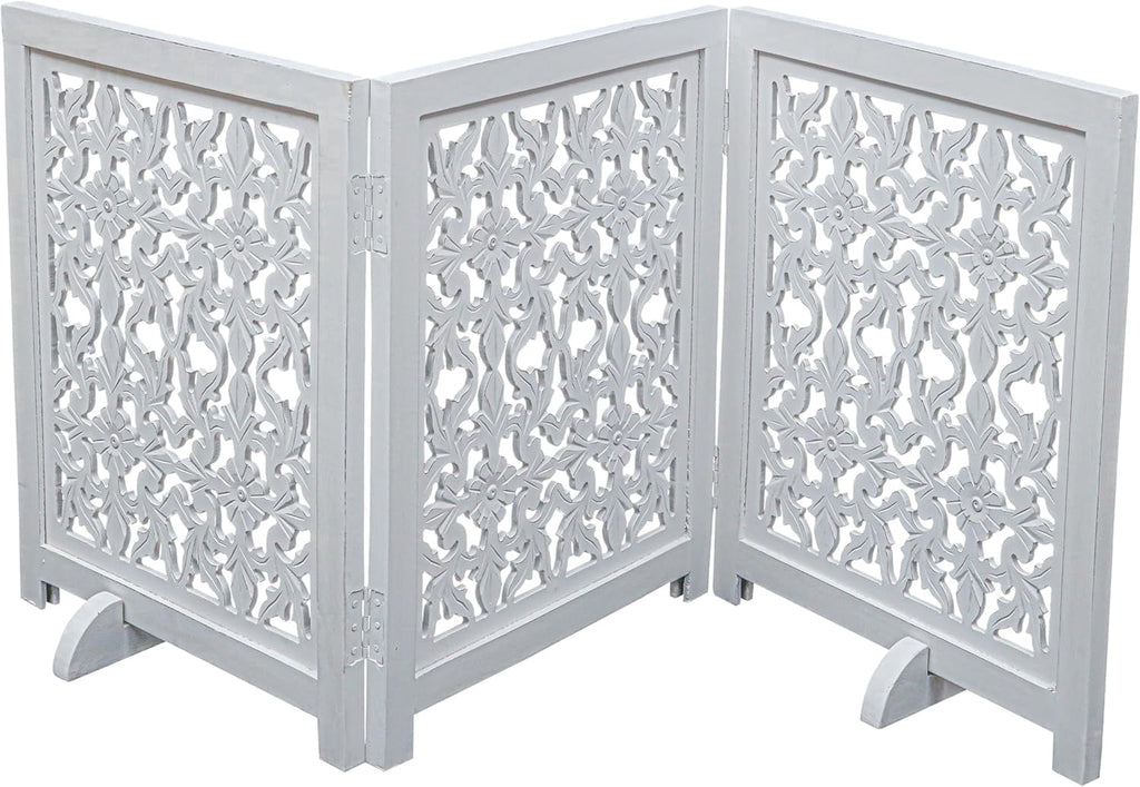 The Wooden Town Foldable 3-Panel Wooden Dog Gate with Flower Design, Freestanding Indoor Pet Barrier, White Antique, 54" Wide