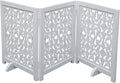 The Wooden Town Foldable 3-Panel Wooden Dog Gate with Flower Design, Freestanding Indoor Pet Barrier, White Antique, 54" Wide