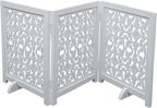 The Wooden Town Foldable 3-Panel Wooden Dog Gate with Flower Design, Freestanding Indoor Pet Barrier, White Antique, 54" Wide