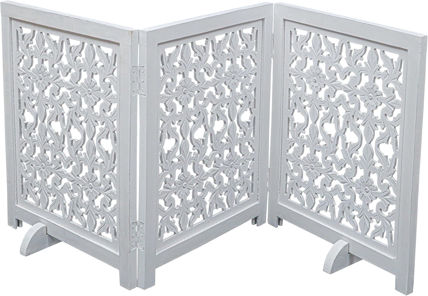 The Wooden Town Foldable 3-Panel Wooden Dog Gate with Flower Design, Freestanding Indoor Pet Barrier, White Antique, 54" Wide