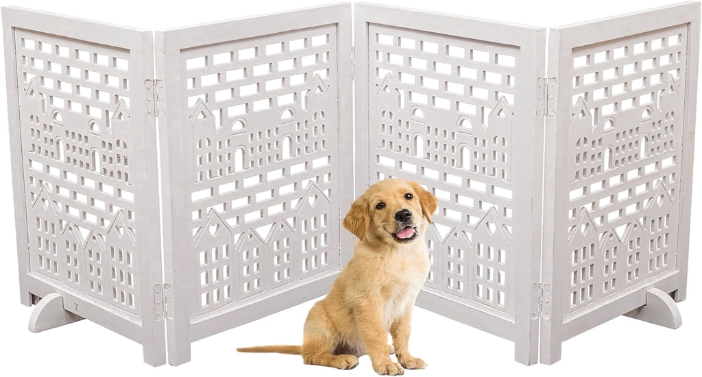 The Wooden Town Freestanding Wooden Dog Gate, Foldable 4-Panel Indoor Pet Barrier for Stairs & Doorways, White Antique, 72" Wide
