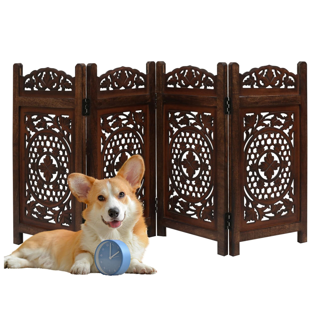The Wooden Town Raised Wood Pet Gate, Foldable 4-Panel Freestanding Dog Gate, Hand-Carved Solid Wood & MDF, Burnt Finish, 56" W x 28" H