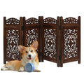 The Wooden Town Raised Wood Pet Gate, Foldable 4-Panel Freestanding Dog Gate, Hand-Carved Solid Wood & MDF, Burnt Finish, 56" W x 28" H