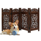 The Wooden Town Raised Wood Pet Gate, Foldable 4-Panel Freestanding Dog Gate, Hand-Carved Solid Wood & MDF, Burnt Finish, 56" W x 28" H