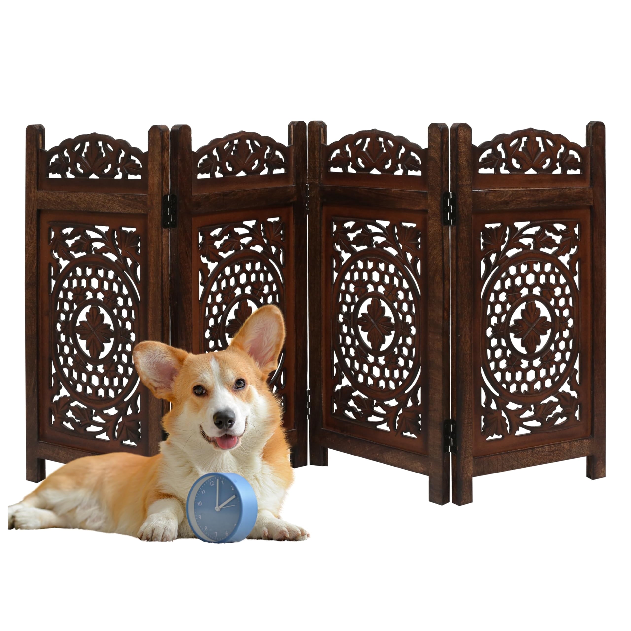 The Wooden Town Raised Wood Pet Gate, Foldable 4-Panel Freestanding Dog Gate, Hand-Carved Solid Wood & MDF, Burnt Finish, 56" W x 28" H